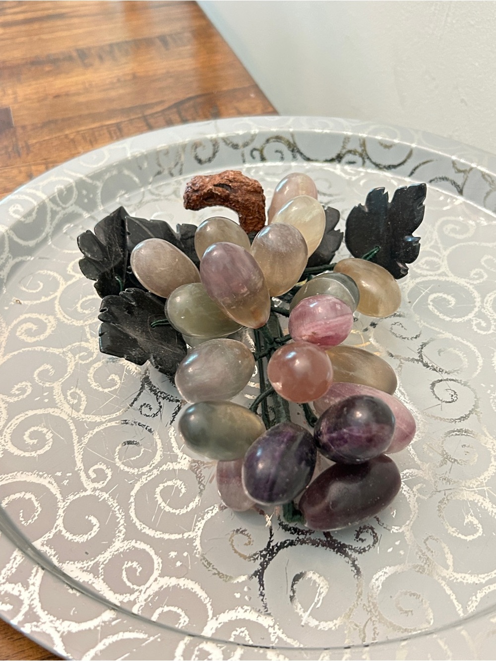 Multicolor Semiprecious Gemstone Grape Cluster with Glass  Leaves